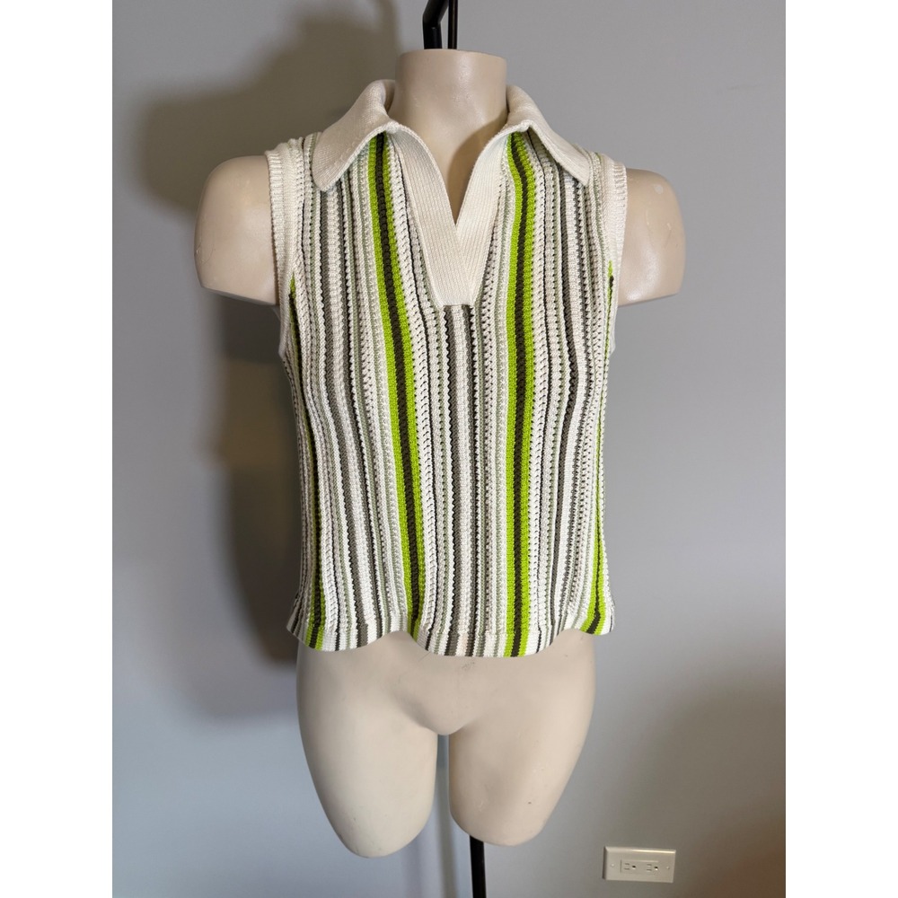 Akris Punto Women Striped Cotton Knit Polo Top Sleeveless V-Neck Green White 6